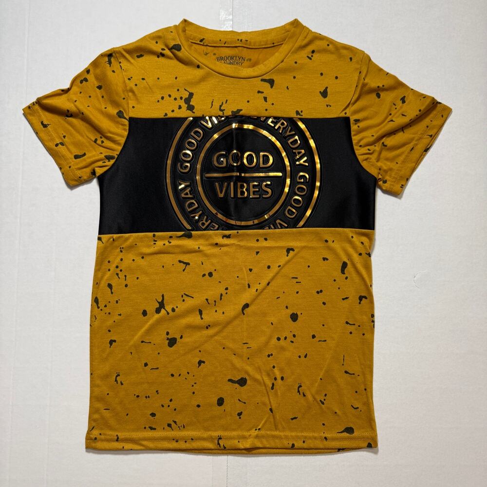 Brooklyn Laundry Good Vibes Graphic T-Shirt Mustard Yellow Paint Splatter